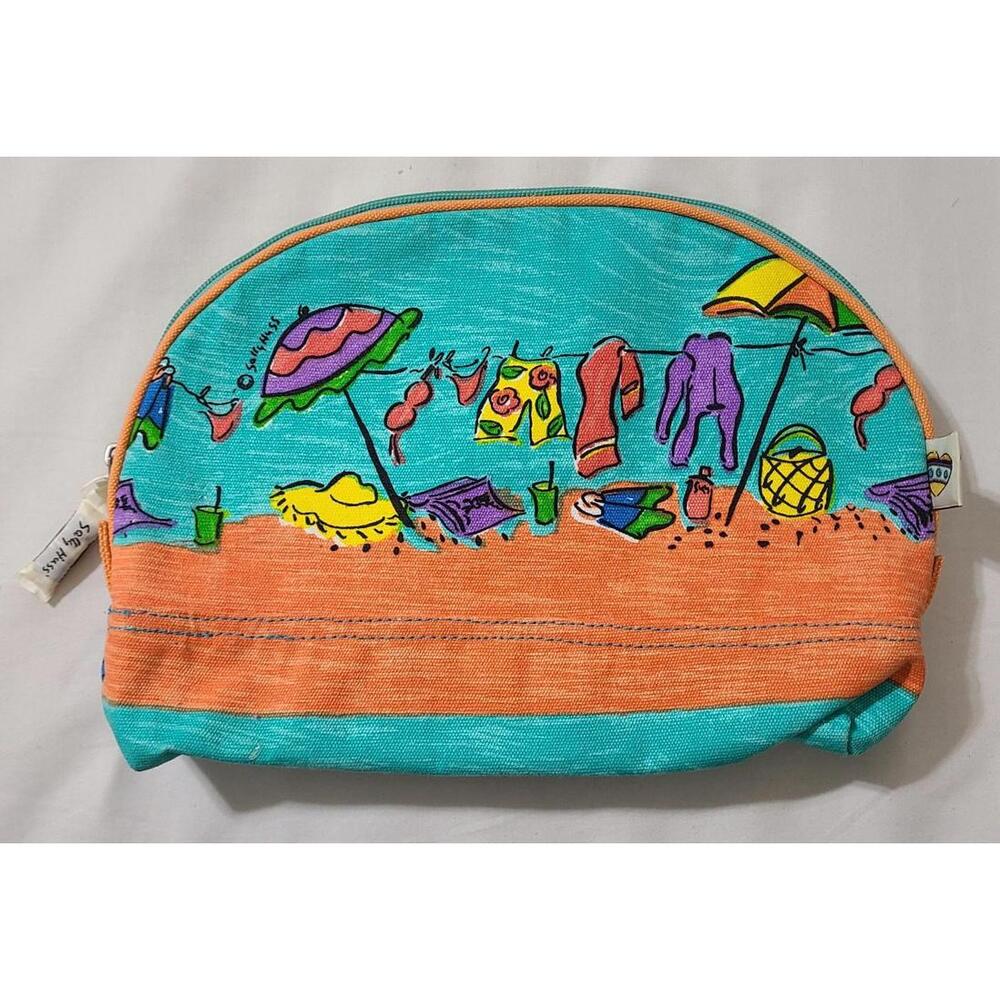 Sally Huss Beach Canvas Bag Swimsuit Storage Cosmetic Makeup Pouch 8"×11.5" EUC